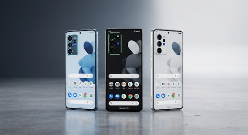 Three modern Android flagship smartphones standing side-by-side